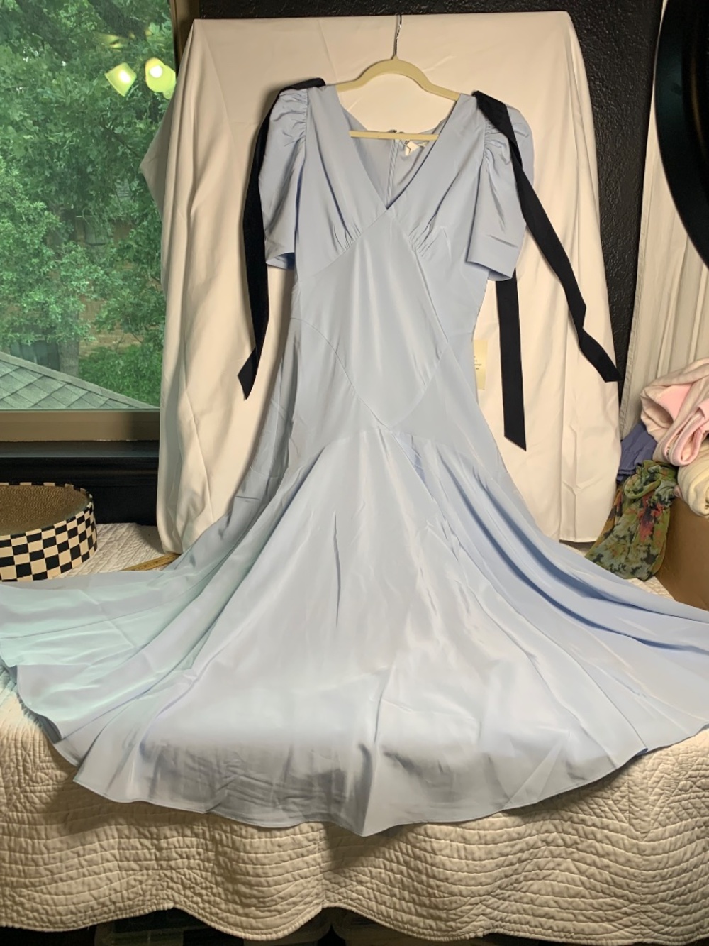 Bohme blue dress NWT - sold out sz XL black velvet bows shoulders (removable) - Picture 15 of 15